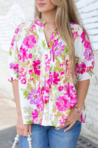 Cream/Pink Floral Blouse