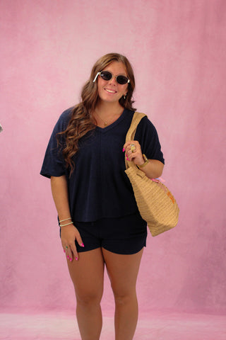 Softies Terry Relaxed V-neck With Short Set - Midnight