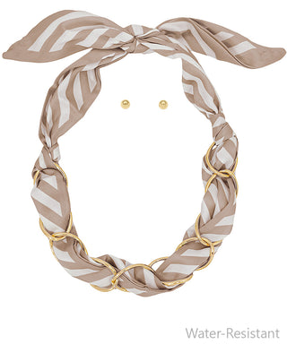 Beige/Gold Stripe Pattern Multi Link Scarf Necklace Set