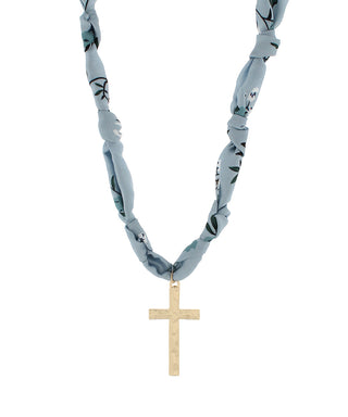 Blue Scarf Necklace w/ Hammered Gold Cross Charm