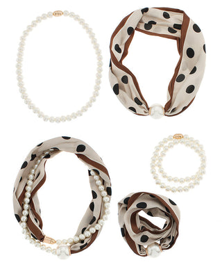 Cream/Brown/Black Polka Dot Layered 10mm Pearl Scarf Necklace