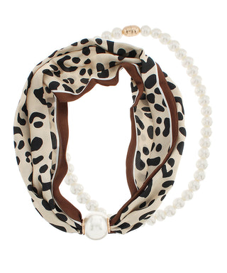 Leopard/Cream Layered 10mm Pearl Scarf Necklace