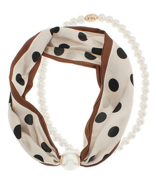 Cream/Brown/Black Polka Dot Layered 10mm Pearl Scarf Necklace