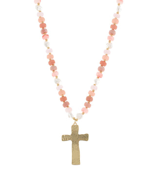Pink/Pearl Beaded Cross Pendant Necklace