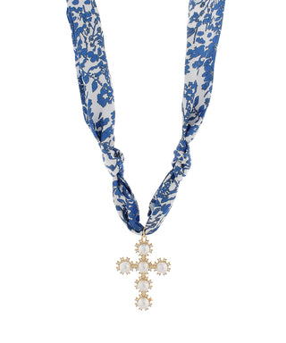 Blue & White Scarf Cross Charm Necklace