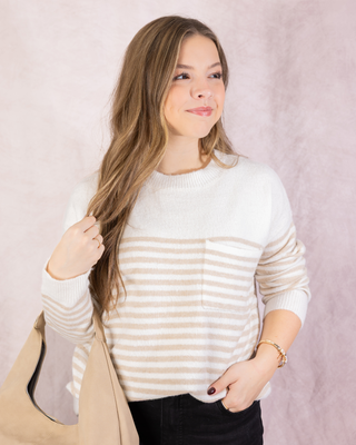 Off White/Taupe Striped Crew Neck Sweater