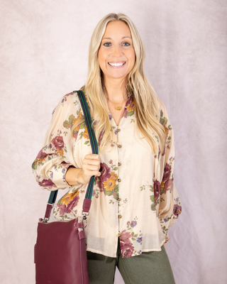 Ecru/Burgundy Floral Blouse