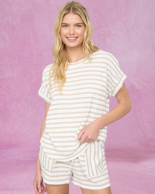 Off White/Khaki Striped Short Sleeve Tee
