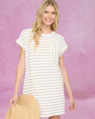 Off White/Khaki Striped Tee Shirt Dress