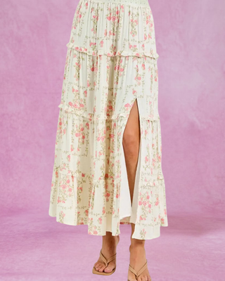 Ivory/Coral Floral Tiered Maxi Skirt