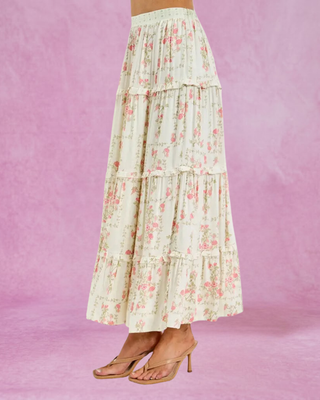 Ivory/Coral Floral Tiered Maxi Skirt