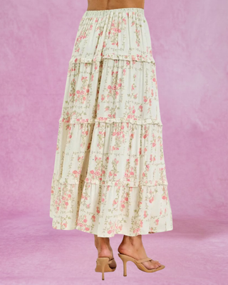 Ivory/Coral Floral Tiered Maxi Skirt