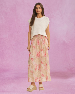 Pink Print Smocked Maxi Skirt