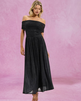 Black/Ivory Polka Dot Off the Shoulder Maxi Dress