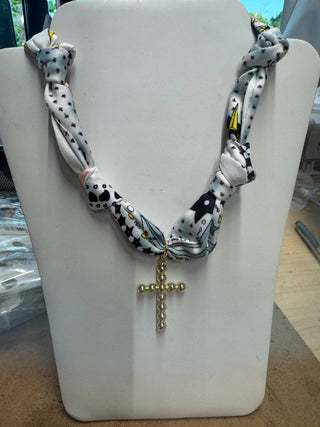 Pink, Navy and White Knotted Scarf with Bubble Cross Removable Charm