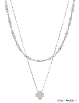 Silver Beaded Layered Cross Necklace