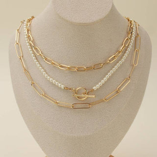 Gold/Pearl Toggle Chain Layered Necklace