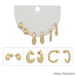 Water Resistant Gold Teardrop and Huggie Set of 3 .5" Hoop Earrings
