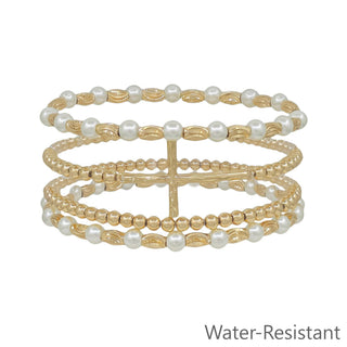 Water Resistant Set of 4 Gold and Pearl Beaded with Thin Cross Stretch Bracelets