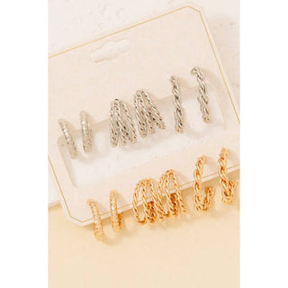 Set of 6 Gold/Silver Textured Hoop Earrings Set
