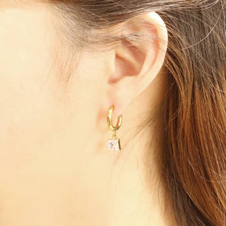 Gold/Square Crystal Dangle Hoop Earrings