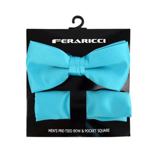 Aqua Blue Men's Banded Bow Tie and Pocket Square