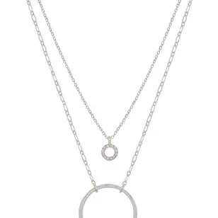 Small Silver Pave Circle with Circle Layered Necklace