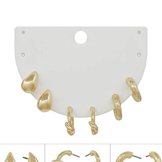 Set of Three Gold Huggie Hoops, Teardrop .5" Stud Earrings