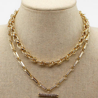 Gold Double Layered Chain with Rhinestone Bar Accent 16"-18" Necklace