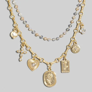 Gold Heart/Cross/Floral Charm Beaded Layered Necklace