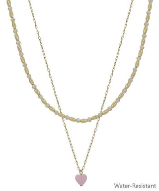 Gold Beaded and Pink Layered Heart 16"-18" Necklace