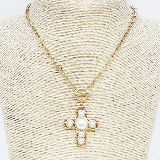 Gold Open Chain with Toggle and Pearl Studded Cross 18" Necklace