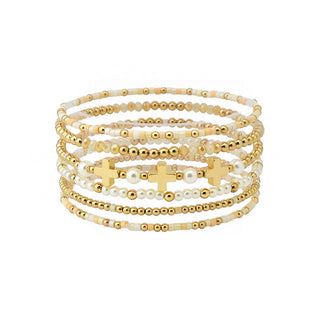Cream/Gold Beaded Cross Stretch Bracelet Set