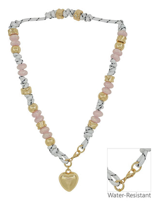 White Threaded with Natural and Gold/Blush Beads with Puffy Heart Charm 16"-18" Necklace