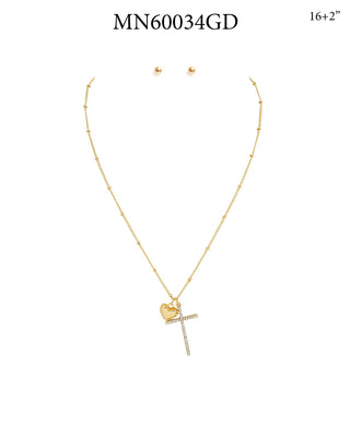 Rhinestone Cross and Puffy Heart 16"-18" Necklace