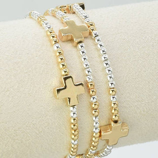 Set of 3 Mixed Metal Cross Charm Beaded Bracelets