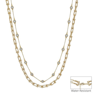 Water Resistant Gold Crystal and Chunky Layered Chain 16"-18" Necklace