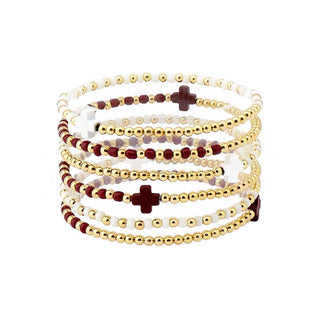 Set of 6 Maroon/Gold/White Cross Charm Bracelet Stack
