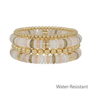 Water Resistant White/Natural and Gold Beaded Set of 4 Stretch Bracelets