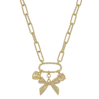 Gold Chain with Bow, Pearl and Coin Charms 16"-18" Necklace