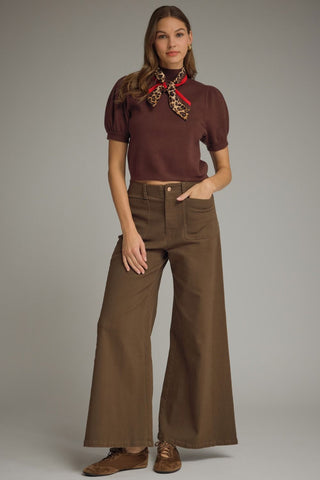 Brown Puff Sleeve Sweater w/ Leopard Scarf