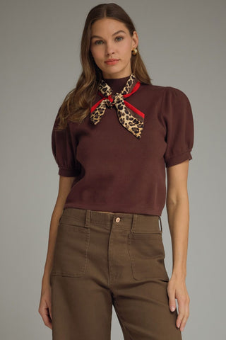 Brown Puff Sleeve Sweater w/ Leopard Scarf