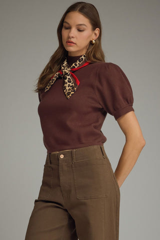 Brown Puff Sleeve Sweater w/ Leopard Scarf