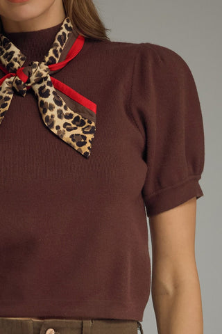 Brown Puff Sleeve Sweater w/ Leopard Scarf