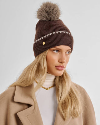 Katie Loxton Whipstitch Pom Pom Knitted Hat - Chocolate