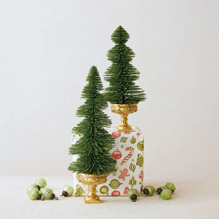 10.5" Green & Gold Plastic Bottle Brush Tree w/ Urn Base