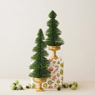 13" Green & Gold Bottle Brush Tree w/ Urn Base