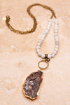 Long Chain/White Beaded Stone Pendant Necklace
