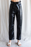 Black Faux Leather Belted Waist Pants