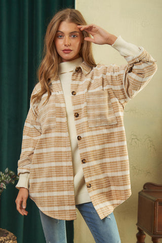 Taupe Plaid Button Down Shacket